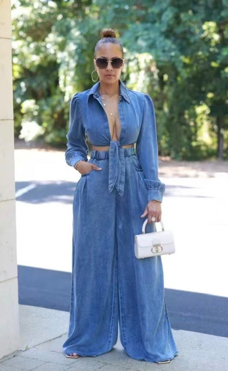 Denim Desire Two-Piece Wide-Leg Set